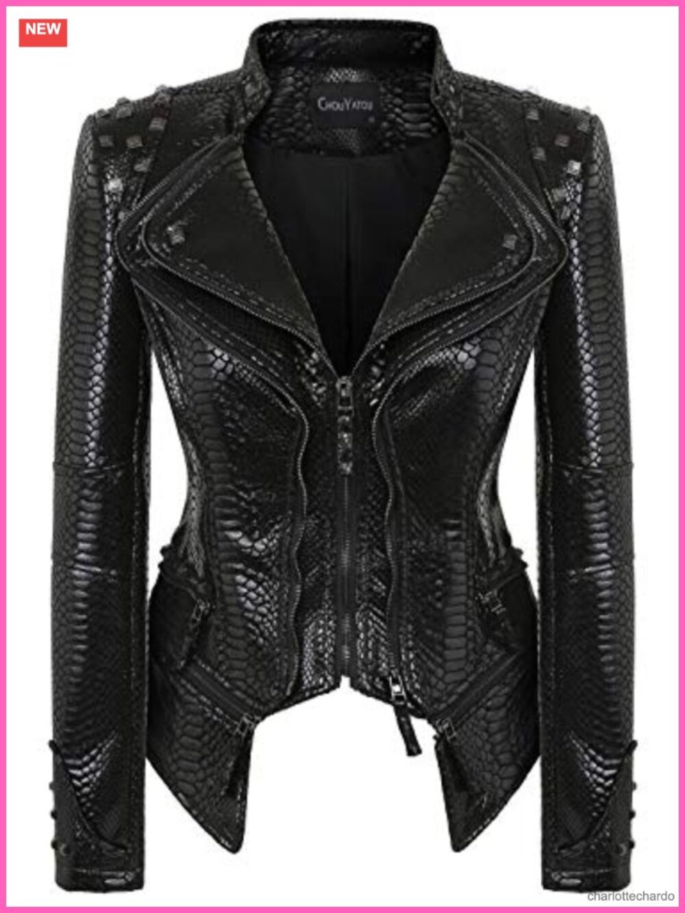 Faux Leather Snake Print Studded Moto Biker Jacket Slim Fit